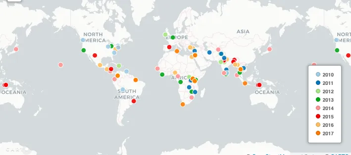 World map indicating where all graduate fellows have worked between 2010 and 2017