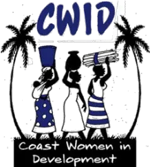 Three women carrying water between two palm trees: Coast Women in Development Palm Trees
