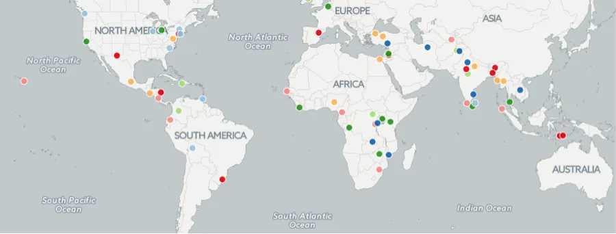 Map of the world indicating countries in which graduate students have done work for fellowships