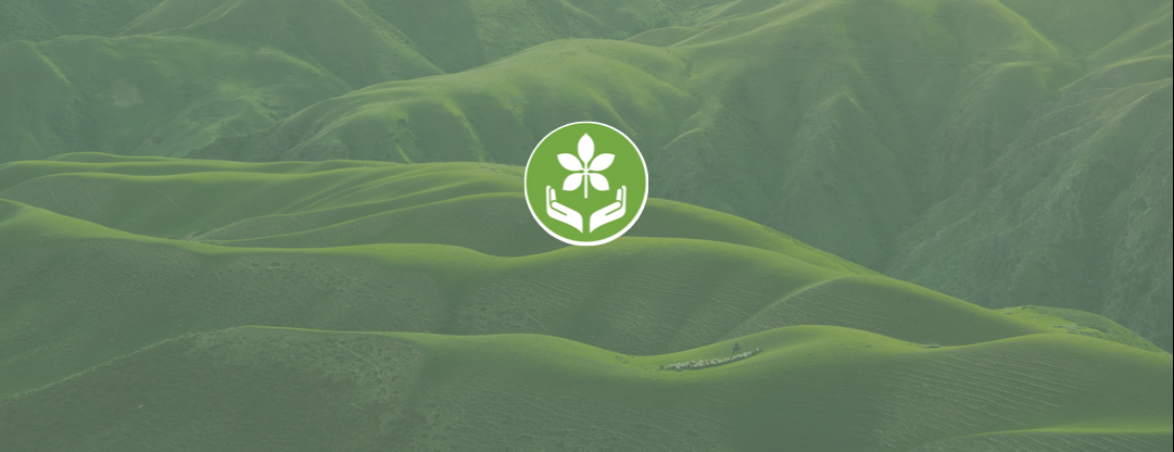 Environment, peace, and sustainability logo on top of green mountains