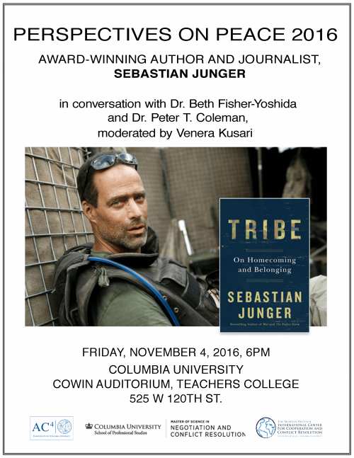 Flyer for the 2016 Perspectives on Peace Event: Sebastian Junger, author of the book "Tribe"