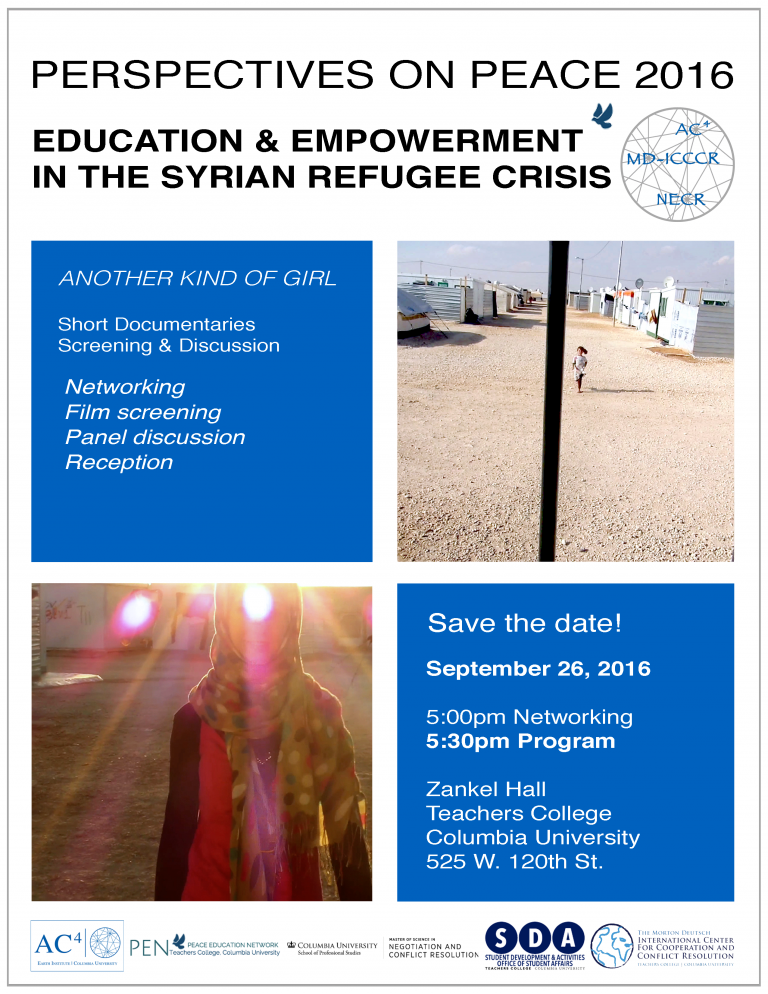 Flyer from the 2016 Perspectives on Peace Event: "Education and Empowerment in the Syrian Refugee Crisis"
