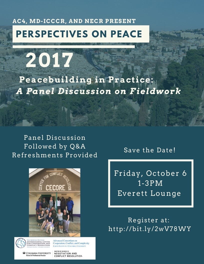 Flyer for the 2017 Perspectives on Peace Event: "Peacebuilding in Practice: A Panel Discussion on Fieldwork"