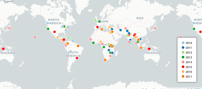 World map indicating where all graduate fellows have worked between 2010 and 2017