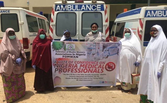 Members of the Federation of Muslim Women’s Associations of Nigeria stand in solidarity with Nigeria’s frontline healthcare workers