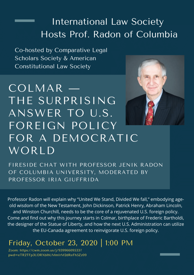 Flyer for event from the International Law Society with Professor Jenik Radon of Columbia University
