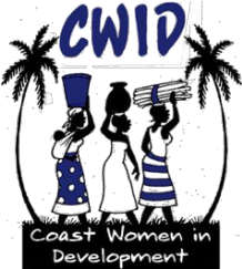 Three women carrying water between two palm trees: Coast Women in Development Palm Trees