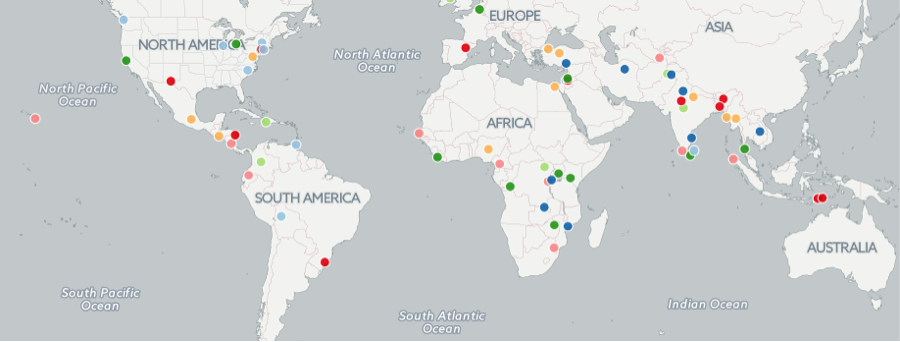 Map of the world indicating which countries graduate students have done work for fellowships in